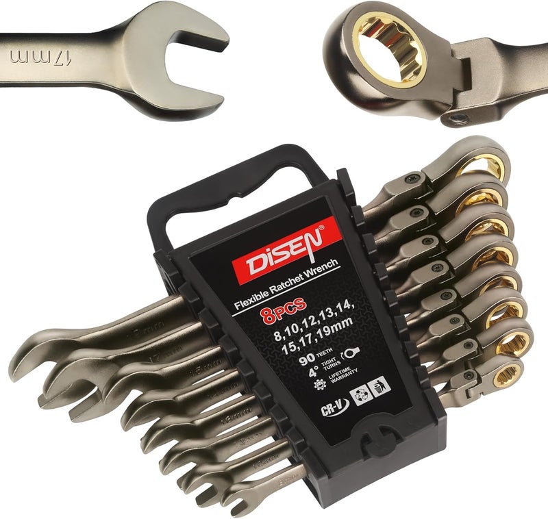 DISEN 90 Teeth Ratchet Wrenches Set 8 Pieces, Flex Head Ratcheting Wrench Set Metric 8 10 12 13 14 15 17 19MM, Nickel Plating Cr-V Constructed with Organizer Rack - Image 1